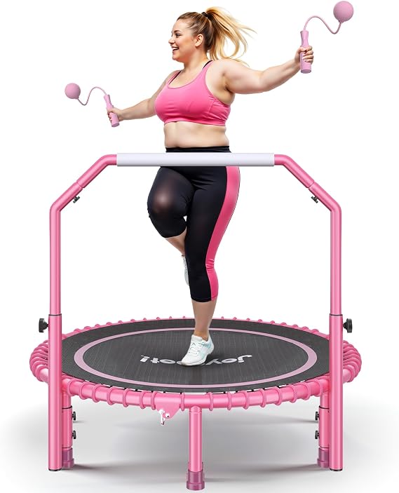 450 LBS Foldable Mini Trampoline for Adults, 40 inch Indoor Fitness Rebounder with U-Shape Adjustable Foam Handle, Quiet Bungee Jump System & Cordless Jump Ropes