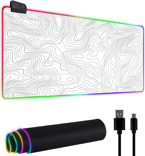 Topographic Contour RGB Mouse Pad L 11.8x23.6inch Large LED Light Gaming Desk Mat,White Game Mousepad Non-Slip Rubber Base PC Computer Pad Long Desk Keyboard Pad Office&Home