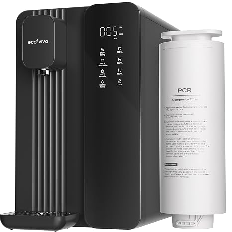 Ecoviva MATE4 UV Countertop Reverse Osmosis Water Filter System, 4 Temperature Options, 7 Stage Instant Hot RO Water Filtration System, 3:1 Pure Drain, TDS & Filter Life Monitor Black & Gray