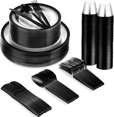 Norme 500 Pcs Disposable Plastic Dinnerware Set for 100 Guests, Disposable Dinnerware Set for Birthday Wedding Party of 100 Plastic Plates, 100 Plastic Cups, 100 Spoons, 100 Forks, 100 KnivesBlack