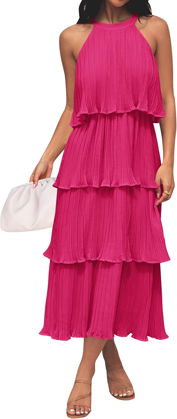 ZESICA Women's 2026 Summer Sleeveless Halter Neck Ruffle Tiered Layed Chiffon Flowy Swing Long Midi Dress