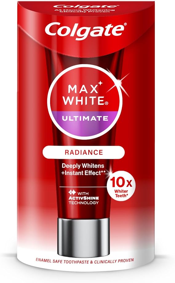 Colgate Max White Ultimate Radiance Whitening Toothpaste 75ml - 10X Whiter Teeth* - Instant Teeth Whitening Toothpaste^ - Deeply* Whitens - Helps Prevent Future Stains - Enamel Safe for Daily Use