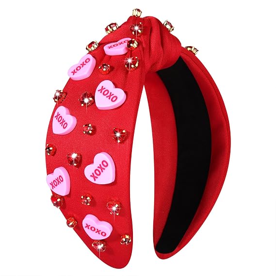 mokkia Valentines Day Heart Headbands for Women Valentines Day Accessories Jeweled Beaded Heart Knotted Headband Pink Red Rhinestone Wide Top Knot Headband Valentine Party Favors Gifts (Headband 5)