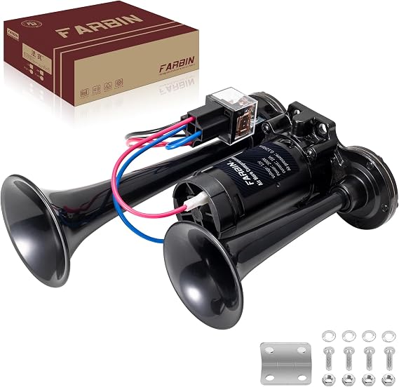 FARBIN Black Air Horn for Truck Train Horn for Car Loud Car Horn Truck Horn | Compact ,black, 12V 150dB loud, with relay wring harness, universal for any vehicles