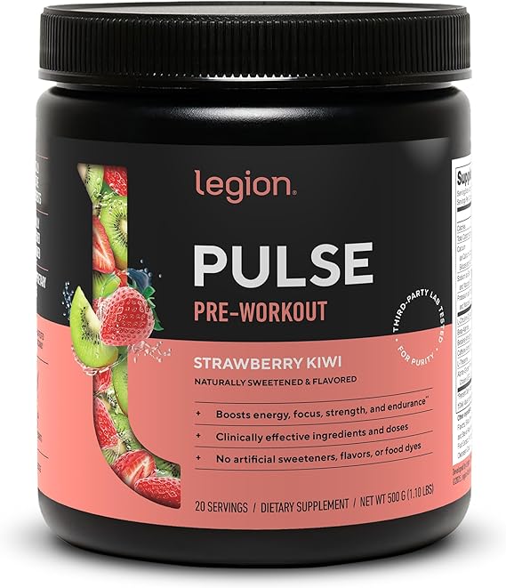 LEGION Pulse Pre Workout - All Natural Nitric Oxide Preworkout Drink to Boost Energy, Creatine Free, Naturally Sweetened, Beta Alanine, Citrulline, Alpha GPC Strawberry Kiwi