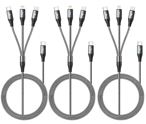 USB C Multi Charging Cable 3A,[3Pack 6FT] 3 in 1 Charging Cable Nylon Braided Multiple Phone Charger Cord Fast iPhone Charging Cord with Type-C,Micro USB,IP Port for iPhone17/16/15/14/Android and More