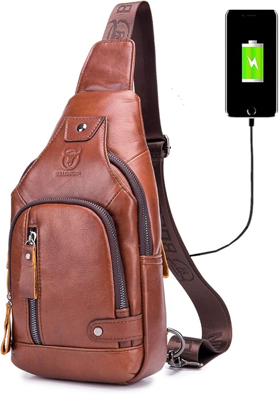 BULLCAPTAIN Genuine Leather Sling Bag for Men XB-129 | USB Charging Port, Multi-pocket, Chest Bag, Hiking Travel Daypack