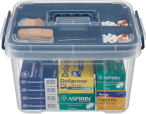 Pulseplay Clear Medicine Storage Box with Handle Blue | Clear View,Lid & Snap,Removeable Divided Tray,Portable Plastic Medicine Cabinet Organizer for Home Dorm Office Travel