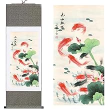 VoOqo chinese scroll hanging painting,scroll painting, Chinese style silk Chinese painting fish Home Decorating calligraphy scroll hanging kind gift(H55 x W18 Wallet) 55008