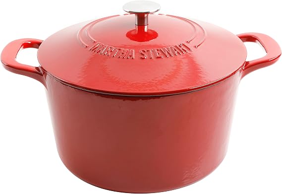 MARTHA STEWART Gatwick 7-Quart Enamel Cast Iron Dutch Oven Red Ombre Heavy-Duty Dutch Oven for Slow Cooking, Braising & Baking