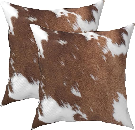 Western Brown Cow Print Throw Pillow Covers 16x16 Cowhide Pillows Cover | Set of 2 Faux Fur Pillows Cover Soft Farm Animal Skin Pillowcase Decorative Cusion Cover for Outdoor Couch Bed Sofa Decor