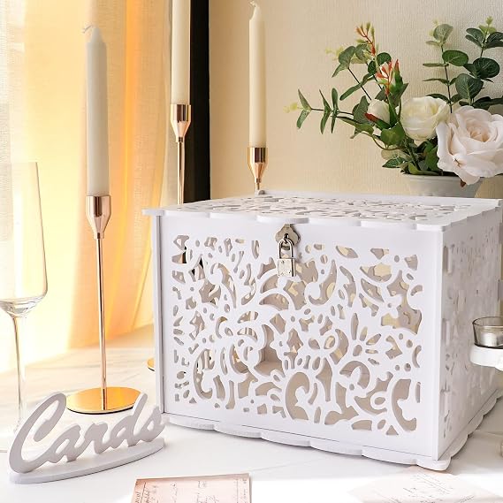 AerWo White Wedding Card Box with Lock and Sign, PVC Hollow Envelope Money Gift Box with Slot, Wedding Decorations for Reception Anniversary Baby Shower Graduation Party