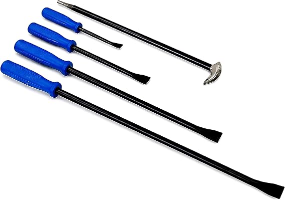 Tech Team #00707 5-Piece Pry Bar Set Heavy Duty Mechanics Prying Tools with Chisel Tip, Angled & Rolling-Head Bars Carbon Steel Construction for Auto Repair, Demolition, and DIY Hand Tool Use