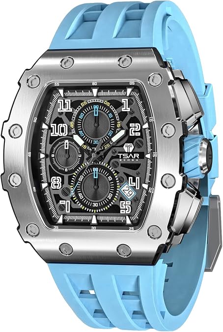 TSAR BOMBA Men's Watch Luxury Square Tonneau 50M Waterproof Stainless Steel Sapphire Chronograph Date Multifunction Japanese Quartz Movement Fashion Unique Cool Design Elegant Gift Rubber Strap Watch