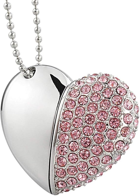 Bling Shiny Diamond Crystal Heart Shape 16GB USB 2.0 Flash Drive Jewelry Pendant Necklace Thumb Drive Memory Stick Pendrive Pink