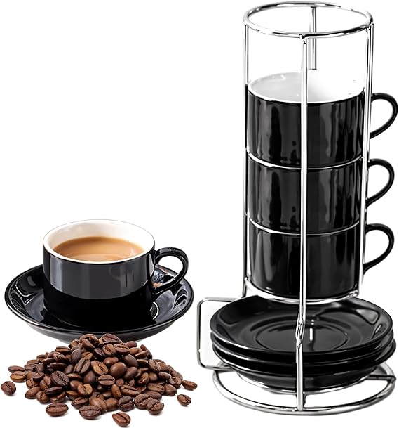 4x160ml Espresso Cups with Saucers&Metal Stand, Porcelain Cappuccino Cups