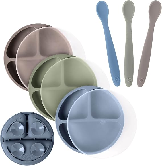WeeSprout 3 Suction Plates with Lids & 3 Soft-Tip Spoons Bundle - Complete Mealtime Set - Silicone Baby Dinnerware - Divided Toddler Plates - Microwave & Dishwasher Safe