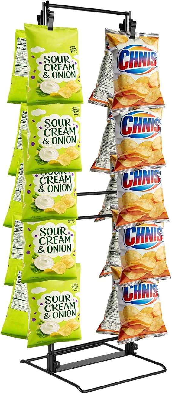 Display Stand, Hanging Chip Rack 2 Row 32 Clips Displays Rack Hanging Snack Display Organizer Your Space for Shop, Countertop, Stores