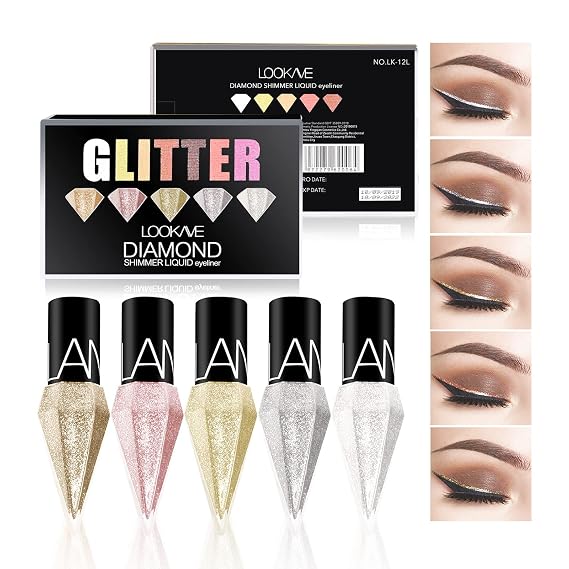 Glitter Liquid Eyeliner Set, 5 Colors/Pack Metallic Shimmer Pigment Liquid Eye Liner Pen, Diamond Waterproof Long Lasting Colorful Eyeshadow Makeup Set for Women Girls (5pcs)