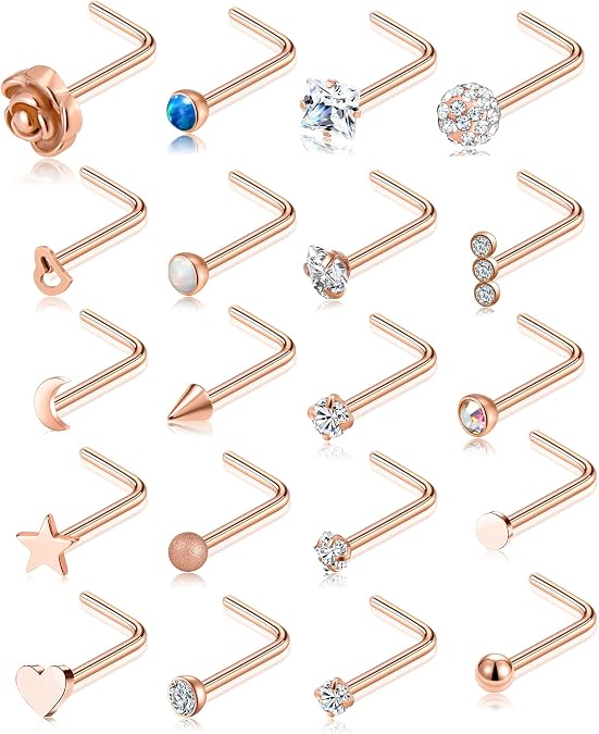 20G 20Pcs Nose Ring CZ Nose Stud Retainer L Bone Screw Shaped Nose Piercing Jewelry Set for Women Men Stainless Steel Rose Gold Tone