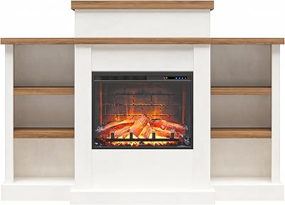 Ameriwood Home Gateswood 64 Inch Electric Fireplace with Mantel, Replaceable Fireplace Insert Heater, Shelves, Remote Control, Timer, Realistic Log and Flame Effect, Plaster