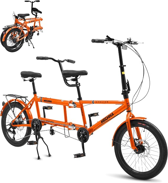 Foldable Tandem Bike, 20 Inch Family Tandem Bikes for Adults, Adjustable 7-Speed Tandem Bicycles Beach Cruiser Bike for Travel and Couple Riding, High Carbon Steel Frame