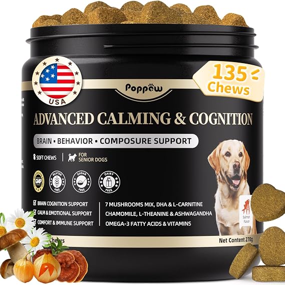Advanced Calming Chews for Dogs-Brain & Composure Support | with 7 Mushrooms, Ashwagandha, Omega-3 DHA & EPA, Anxiety Relief Dog Calming Treat, All Breeds & Sizes, Salmon 135CT