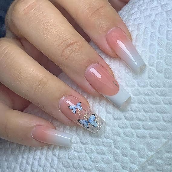 Press on Nails スクエア ミディアムレングス 人工アクリル フェイクネイル ブルーバタフライデザイン フルカバー 再利用可能 コフィン グラディント ピンク つけ爪 DIY スティック 女性用 釘 セット