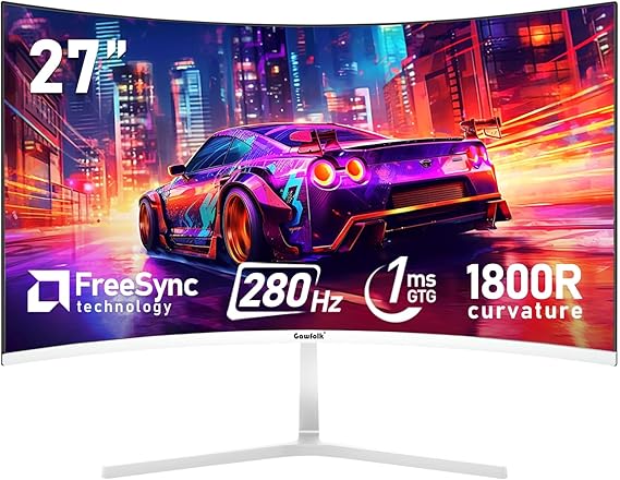 Gawfolk 27 Inch PC computer screen,1800R Curved Gaming 280Hz Monitors, FHD1080p 1ms without Bezel, freesync, 98%sRGB,178 ° Angle View HDMI DisplayPort, Compatible with Wall-Mounted VESA100*100MM-White