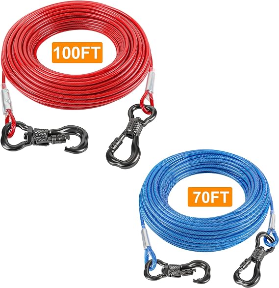 Tresbro 70FT & 100FT Reflective Dog Tie Out Cable for Dogs, Steel Wire Dog Leash Cable with Stainless Dual Fix Buckle, Lightweight and Durable, Dog Chains Outside for Outdoor,Yard,Camping