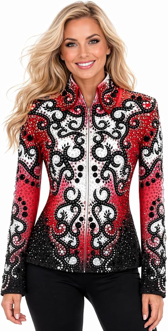 Womens Western Show Jacket Red Black Equestrian Riding Coat with Baroque Crystal Design