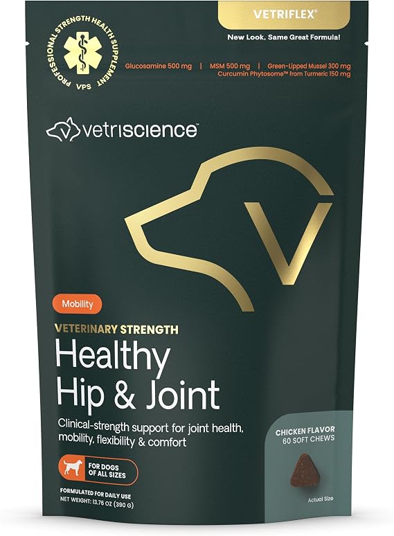 VetriScience Veterinary Strength Healthy Hip & Joint Chews, 60 Count | Joint Health Supplement for Dogs, Supports Mobility & Flexibility