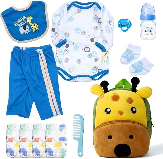 12 Pcs Reborn Baby Doll Clothes Set for 17-22 Inch Babydolls, Deer Reborn Baby Doll Accessories with Plush-Finish Backpack, Deer Bibs