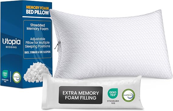 Utopia Bedding Shredded Memory Foam Pillows, Cooling Pillow, King, 1 Pack | Adjustable Bed Pillow for sleeping, Washable Jacquard-Polyester Cover, Support for back, side & stomach sleepers, Pack of 1