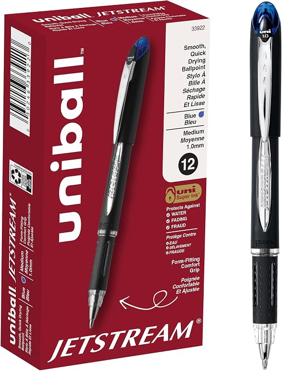 uniballTM Jetstream Ballpoint Pens, Medium Point (1.0mm), Blue, 12 Pack