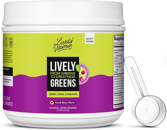 LIVELY VITAMIN CO Lively Greens w/Reds - 42 Superfood Ingredients - Memory, Focus, Mood, Digestion & Energy - Brain, Immune, Digestive & Heart Health - Bloating - Probiotics - Adaptogens - 16.19oz