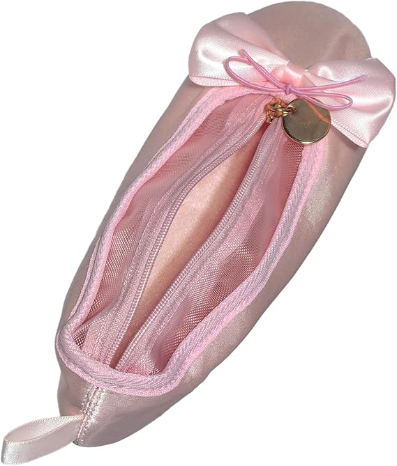 Ballet Dance Shoe Makeup Bag, Cute Ballet Slipper Makeup Bag with Pink Bow and Mesh View Window, Dance Recital Gifts for Girls, Small Dance Bag for Girls Dancers, Ballerinas (Pink)