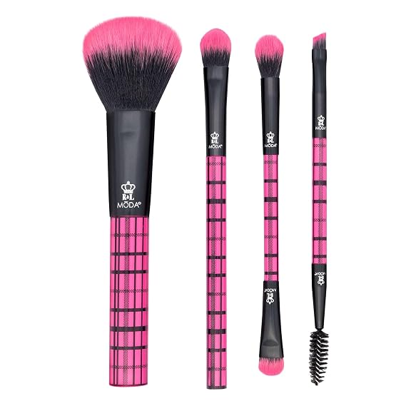 MODA Plaid Pink Face Kit, 4pc, Vegan | Vegan brush set with soft synthetic filaments for smooth blending and a flawless finish