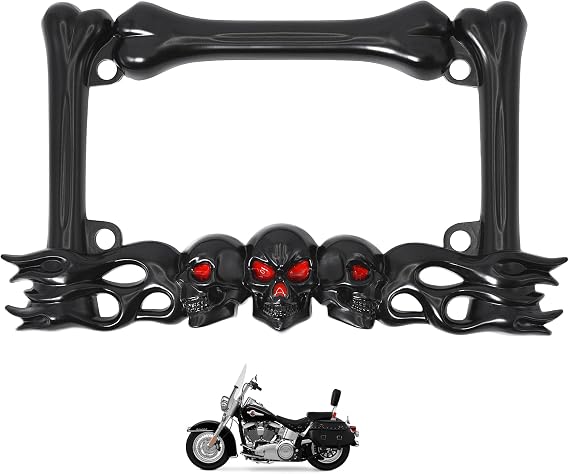 Heavy-Duty Skull Motorcycle License Plate Frame Fits 7"x4" Standard Plates, Compatible with Cruiser, Dual-Sport, Sport,Street Bikes (Black)