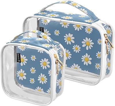 Daisy Flower Blue Transparent Toiletry Organizer Dual-Zipper Cosmetic Bag Set with Printed Details and Clear Front, Ideal for Weekend Getaways Travel or Daily Use