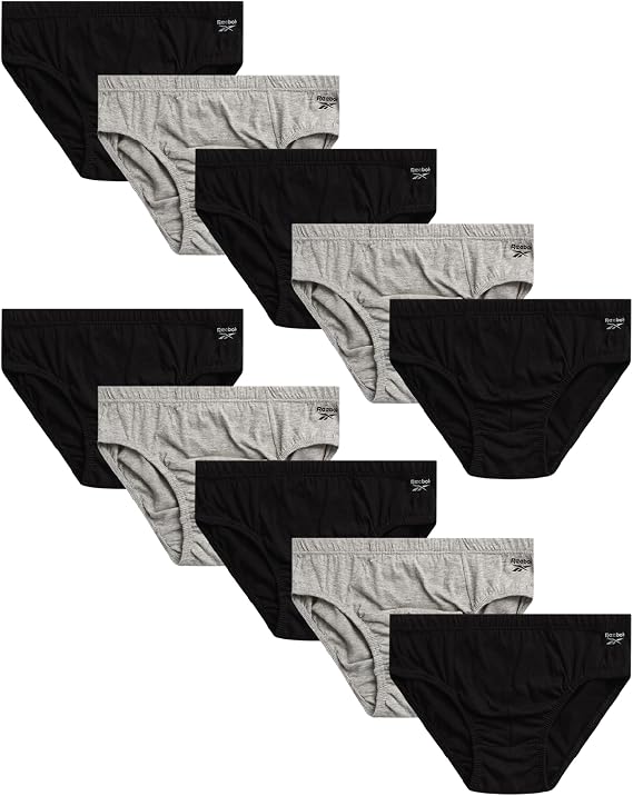 Reebok Mens Low Rise Briefs 10 Pack Soft Stretch Cotton Underwear Briefs | Low Rise Cut Sits Comfortably Below the Waist for a Smooth Fit Under Jeans or Joggers, Reduces Irritation