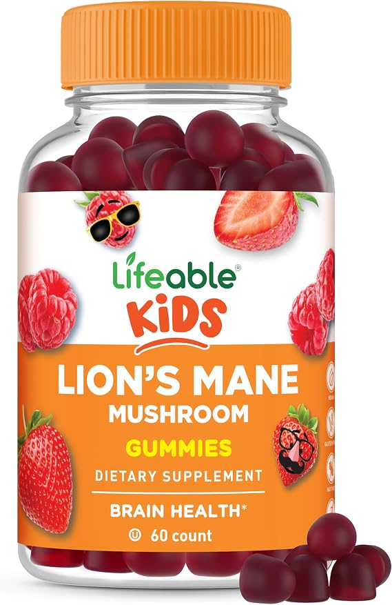 Lifeable Lions Mane Gummies for Kids | Great Tasting Lions Mane Mushroom Supplement | Vegan, Kosher, Non-GMO Kids Mushroom Gummies | Brain Support | 60 Count