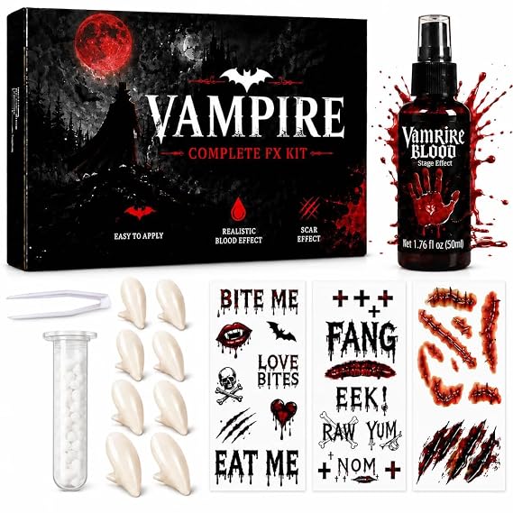 Halloween Vampire Fangs Kit, 4 Sizes Reusable Vampire Teeth (13mm, 15mm, 17mm, 19mm), 50ml Fake Blood Spray, 3 Sheets Temporary Scar Tattoos, SFX Makeup Set for Costume & Cosplay