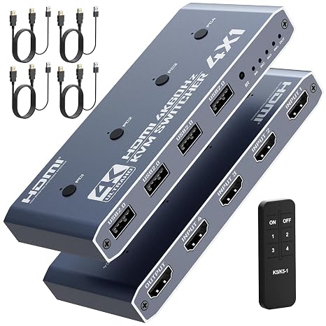 4 Port HDMI KVM Switch for 4 Computers 1 Monitor 4K @ 60 Hz (Includes 4 KVM Cables), USB Peripheral Selector with Remote Control for PC Laptop Keyboard Mouse Printer
