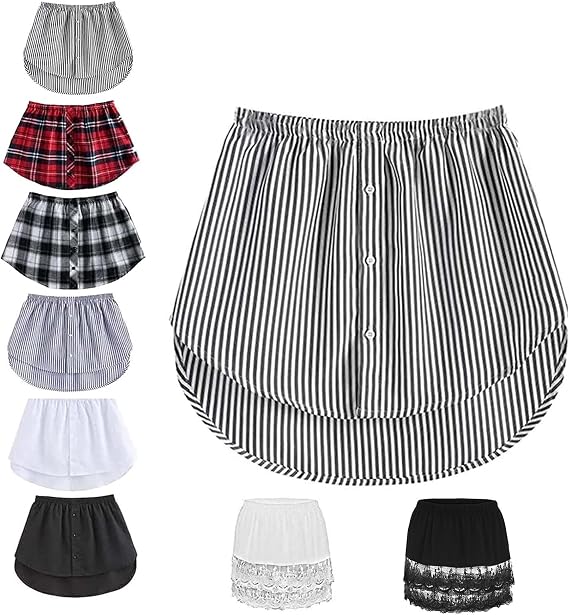 Woman Layering Shirt Extender, Shirt Extender for Women Plus Size, Adjustable Layering Fake Top Lower Sweep Skirt Half Length Skirt (Black Stripes,2XL)