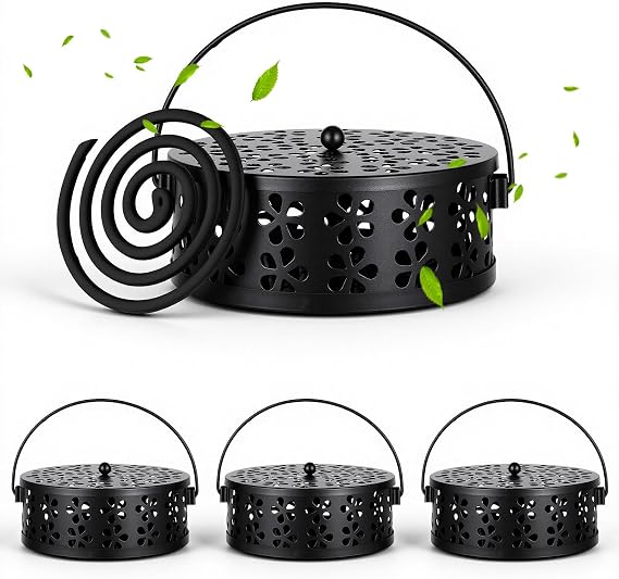 4 Pcs Mosquito Coil Holder Incense Coil Holder, Retro Iron Portable Hanging Outdoor Incense Burner Holder with Handle Round Metal Incense Holder for Home Camping Indoor Outdoor Patio (Black)