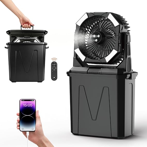 20000mAh Portable Misting Fan with 10L Large Water Bucket, 3-Speed Outdoor Floor Fan with Mist, USB Rechargeable Battery Powered Misting System for Patios, Camping, Beach, Golf and Picnic