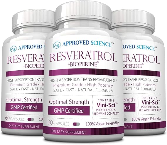 Approved Science Resveratrol - 1000 mg of Trans Resveratrol - 250 mg of Polyphenol - 98% Purity Level - Includes Bioperine - 180 Vegan Friendly Capsules per Bottle- 1 Bottle