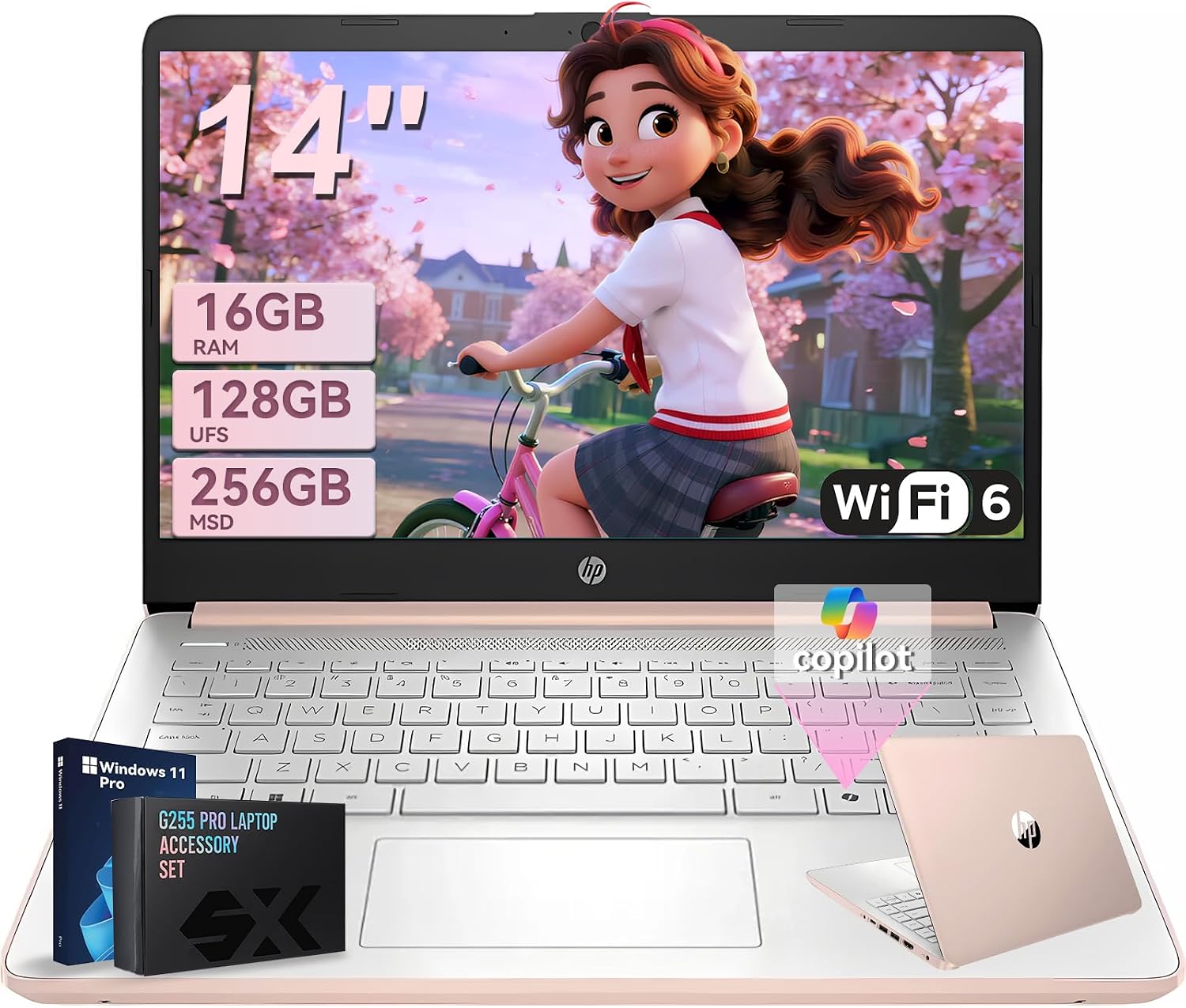 HP 14-inch Student Business Laptop – Intel N150 | Lightweight, AI Copilot Key for Study & Daily Use | 16GB RAM | 128GB UFS  256GB MSD | wAccessory Win 11 Pro| Pale Rose Gold