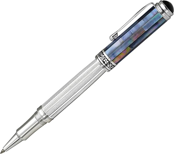 Xezo Maestro Rollerball Pen, Fine Point. Solid 925 Sterling Silver with Black Mother of Pearl. 18 Karat Gold Plated Parts. Handcrafted, Limited Edition, Serialized